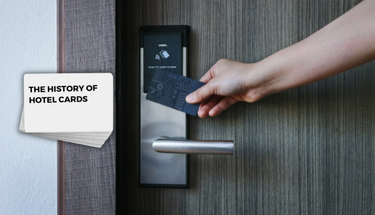 Close-up of a branded room access card placed on a hotel bedside table, representing a stylish Hotel Key Card.
