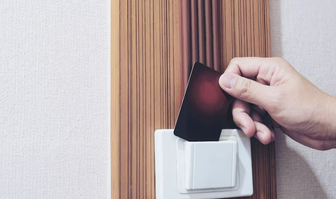 Modern RFID card unlocking a hotel room door, showcasing the convenience of a Hotel Key Card system.
