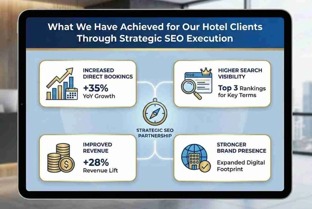 Laptop screen with on-page SEO optimization for a hotel website, highlighting key elements of a hotel SEO strategy.