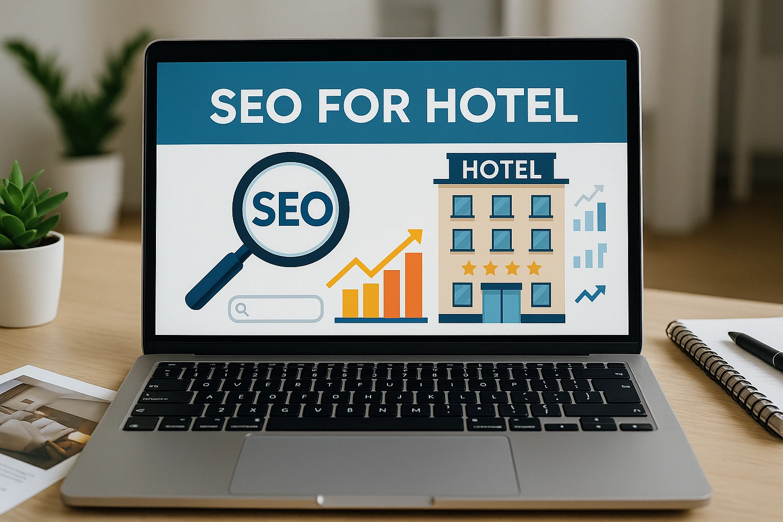 Digital marketing dashboard showing keyword rankings and traffic growth, illustrating a successful hotel SEO strategy.